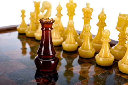Natural amber different chess pieces figures standing on brown stone board. Close up game concept competition, Classic Gambit Tournament of confrontation.の写真素材