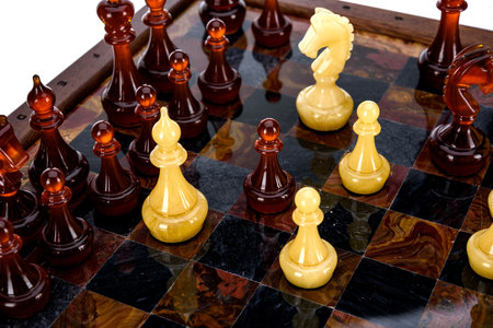 Natural amber different chess pieces figures standing on brown stone board. Close up game concept competition, Classic Gambit Tournament of confrontation.の写真素材