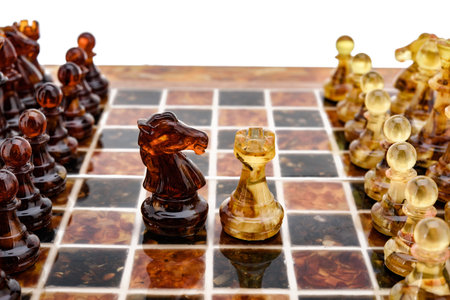 Natural amber different chess pieces figures standing on brown stone board. Close up game concept competition, Classic Gambit Tournament of confrontation.の写真素材