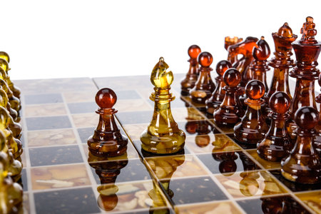 Natural amber different chess pieces figures standing on brown stone board. Close up game concept competition, Classic Gambit Tournament of confrontation.の写真素材