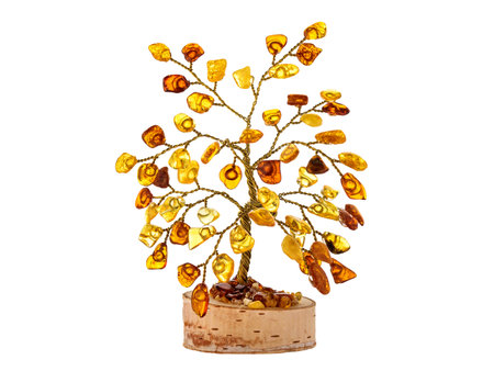 Amber money Artificial Decorative tree topiary isolated on white background. Home amulet, talisman for happiness, wealth, abundance. Stylish decor for interior design.の写真素材