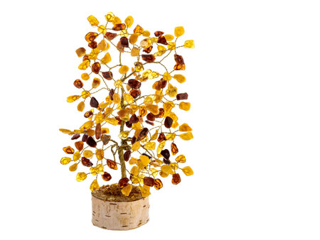 Amber money Artificial Decorative tree topiary isolated on white background. Home amulet, talisman for happiness, wealth, abundance. Stylish decor for interior design.の写真素材