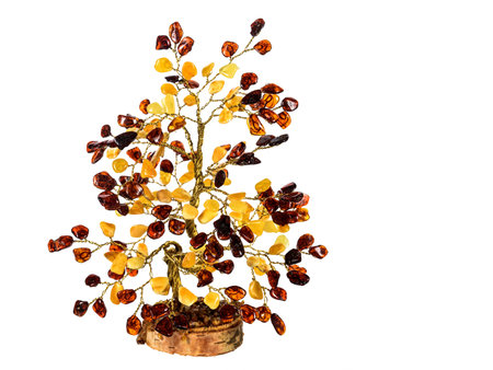 Amber money Artificial Decorative tree topiary isolated on white background. Home amulet, talisman for happiness, wealth, abundance. Stylish decor for interior design.の写真素材