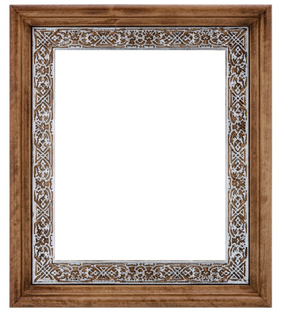 Antique Silver Brown Classic Old Vintage Wooden Rectangle mockup canvas frame isolated on white background. Blank and diverse subject molding baguette. design element. use for paint, mirror or photoの写真素材