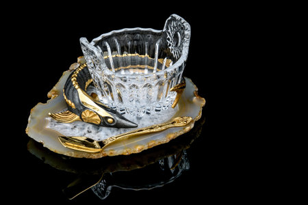 Golden luxury crystal caviar bowl on stand made of natural quartz, carved brass fish figurine and dessert spoon on a black background.の写真素材