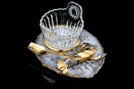 Gilded luxury crystal caviar bowl on stand made of natural quartz, carved brass fish crawfish...