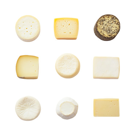 A visually appealing arrangement of nine distinct cheese varieties, presented in a structured grid. This image showcases a diverse selection of cheeses, highlighting their unique shapes and textures for culinary inspiration or product display.の素材
