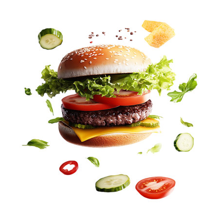 Experience the ultimate burger in a dynamic, exploded view. Juicy patty, fresh lettuce, ripe tomatoes, and melted cheese hover enticingly, surrounded by scattered cucumber slices and chili peppers. A feast for the eyes.の素材