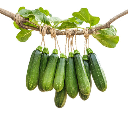 A rustic display of multiple bright green zucchini, freshly picked and suspended from a sturdy tree branch. Each gourd is neatly tied with natural twine, showcasing their vibrant color and natural beauty.の素材