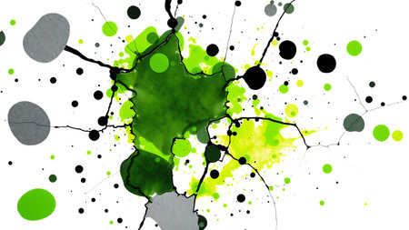 This dynamic abstract image features vibrant green and gray paint splatters and drips with fine black lines. The energetic composition creates a sense of movement and artistic expression on a clean white backdrop.の素材