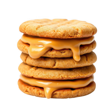 A tempting pile of golden-brown peanut butter cookies, generously topped with smooth, melted caramel sauce. This mouthwatering treat is perfect for satisfying sweet cravings and sharing with friends.の素材