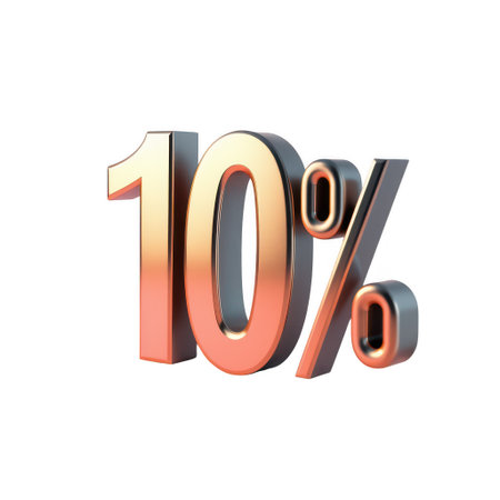 A gleaming 3D metallic golden numeral '10' followed by a percent symbol. This striking visual represents a ten percent discount, perfect for advertising sales, special offers, and promotional campaigns across various platforms.の素材
