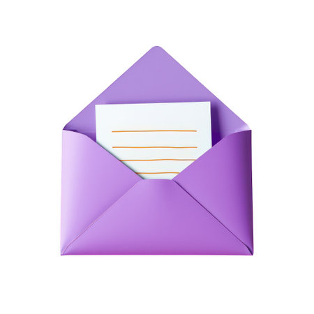 A striking image of an open violet-colored envelope containing a crisp white sheet of paper. The paper is lined, suggesting it's ready to be filled with written information, a letter, or a formal document.の素材