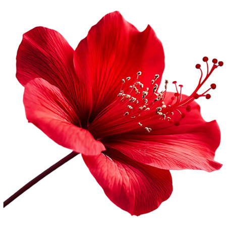 A stunning close-up captures the intricate beauty of a bright red hibiscus flower, showcasing its delicate petals and prominent stamen structure with crisp detail.の素材