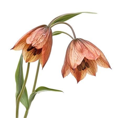 Two bell-shaped Fritillaria flowers, showcasing intricate patterns and subtle hues of pink and brown, are captured in detail against a clean white backdrop.の素材