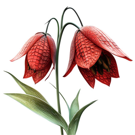 A detailed close-up of two rare and beautiful Fritillaria Meleagris flowers displaying their unique checkered pattern and vibrant red hues, set against a clean white backdrop.の素材