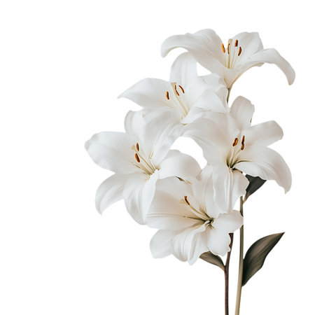 A stunning arrangement of white lilies showcasing their elegant petals and delicate stamens, captured in pristine detail against a bright, clean backdrop.の素材