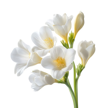 A close-up of a blooming freesia stem featuring multiple delicate white petals with subtle yellow centers, showcasing nature's elegant floral beauty.の素材