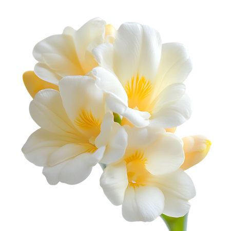A close-up view of a beautiful double narcissus flower with soft white petals and vibrant yellow accents, presented in isolation.の素材