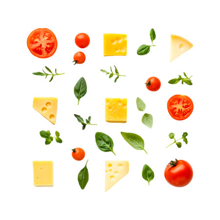 A vibrant flat lay showcases fresh ingredients including tomatoes basil and various cheeses artfully arranged for culinary inspiration.の素材