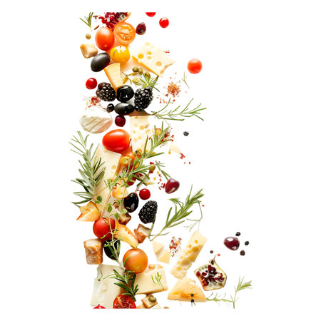A delightful arrangement of various gourmet cheeses complemented by a vibrant selection of fresh fruits, perfect for any culinary occasion or event.の素材