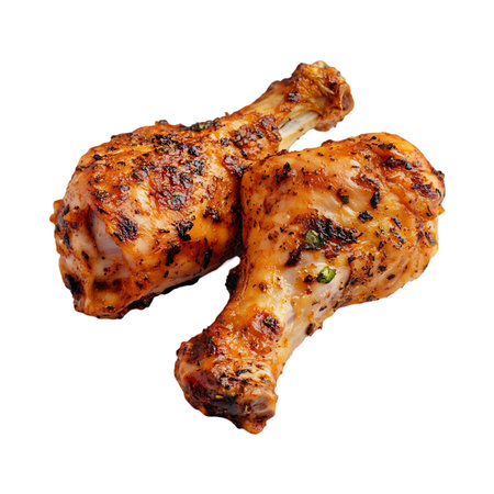 Two golden brown crispy fried chicken drumsticks, seasoned and perfectly cooked, ideal for a satisfying meal or snack.の素材