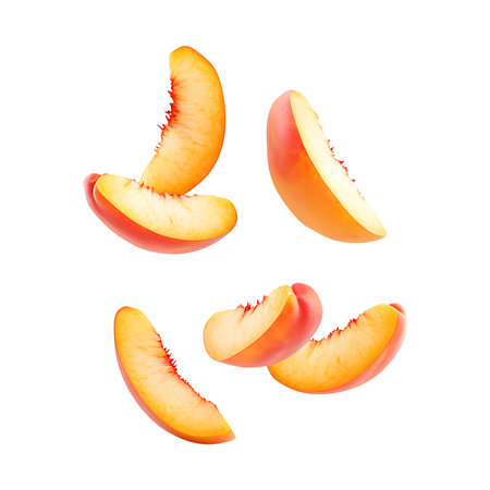 Several vibrant peach slices are artfully arranged, showcasing their juicy texture and appealing color. This image features an isolated object on a clean white background, perfect for culinary or design applications.の素材