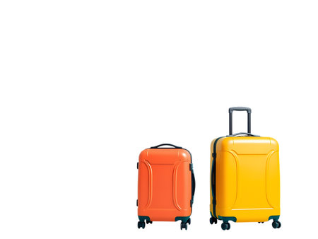 A bright orange and a vibrant yellow rolling suitcase are presented isolated on a clean white background.の素材
