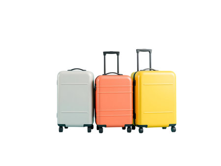 A collection of three distinct luggage pieces in different colors and sizes, presented on a plain white background.の素材