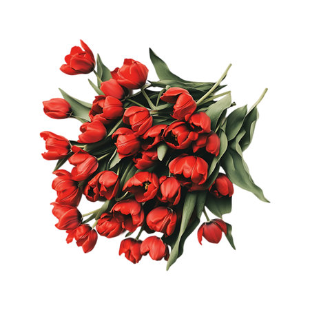 A collection of blooming red tulips with lush green foliage, presented on a stark white background.の素材