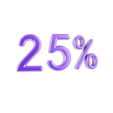 A vibrant purple metallic 3D representation of twenty five percent isolated on a clean white background.の素材
