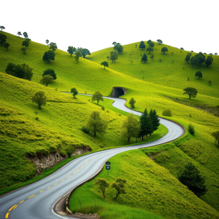 A scenic, serpentine highway traverses vibrant green hills dotted with sparse trees, presented on a plain white background.の素材