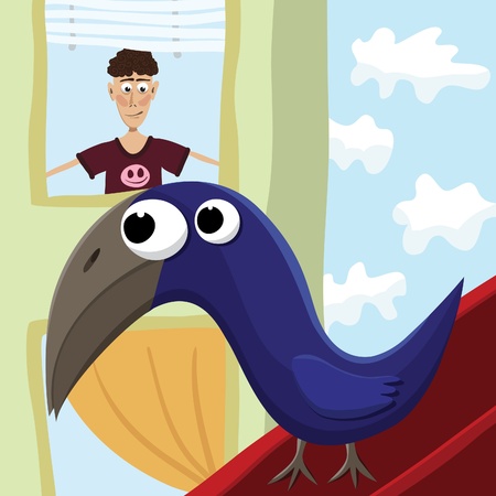 Boy looks at the crow, vector epsのイラスト素材