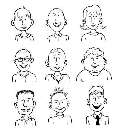 Set of nine smiling cartoon faces. Black and whiteのイラスト素材