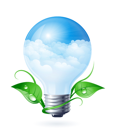 Light bulb with clouds and green leafs. Eps10. RGB. Gradients used. Organized by layers. Used transparency and blend modes different from normal.のイラスト素材