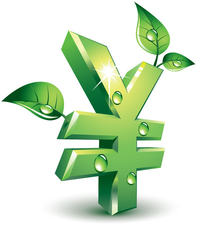 Yen sign with green leaves. Eps8. CMYK. Organized by layers. Global colors. Gradients used.のイラスト素材