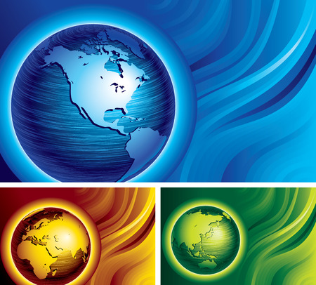 Three banners with brushed metal globes on abstract backgrounds. Eps8. CMYK. Organized by layers. Global colors. Gradients used.のイラスト素材
