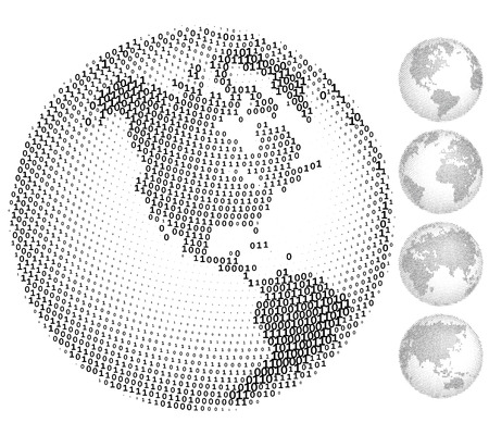 A set of five globes consisting of binary codes. Eps8. CMYK. Organized by layers. Global color. Gradients free.のイラスト素材