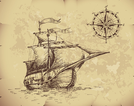 Hand drawn sailboat and compass on old paper.のイラスト素材