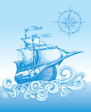 Hand drawn sailboat and compass. Eps8. CMYK. Organized by layers. Global colors. Gradients used.のイラスト素材