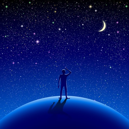A man stood watching the starry sky. Eps10. RGB. Gradients used. Organized by layers. Used transparency and blend modes different from normal.のイラスト素材