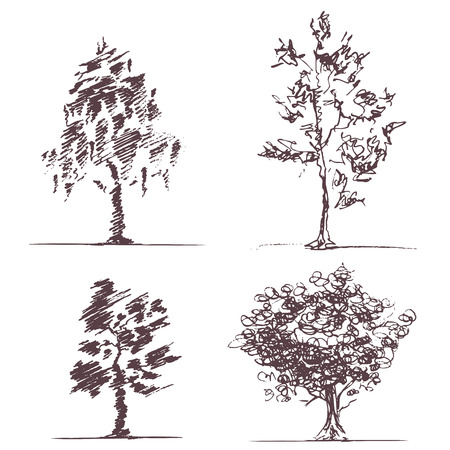 Four hand-drawn sketches of trees. CMYK. Gradients free. Global color.のイラスト素材