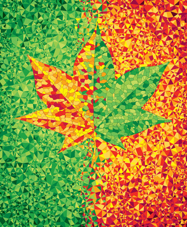 Green and red mosaic background with maple leaf. CMYK. Organized by layers. Global colors. Gradients free.のイラスト素材