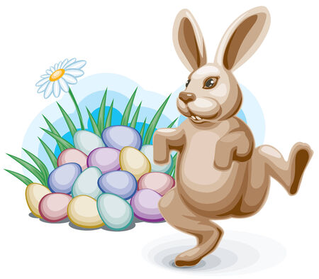 Easter bunny dancing before eggs. Eps8. CMYK. Organized by layers. Global colors. Gradients free.のイラスト素材