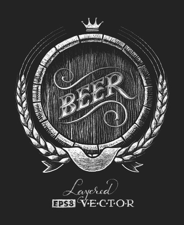 Vector barrel of beer drawn on the chalkboard. RGB. One global color. Gradients free. Each elements are grouped separatelyのイラスト素材