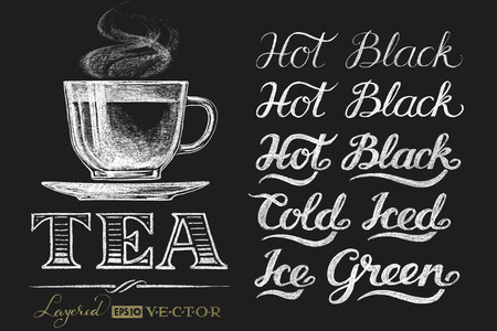 Cup of tea.  Lettering on chalkboard. Eps10. Transparency used. RGB. Global colors. Gradients freeのイラスト素材