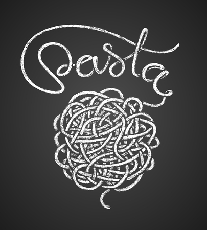 Pasta word written by one continuous line like a spaghetti and spaghetti snarl drawn on chalkboardのイラスト素材