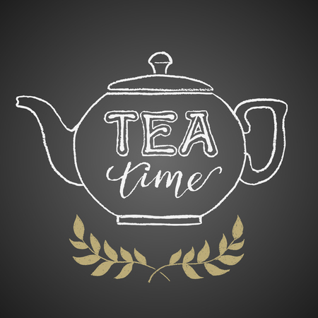 Teapot drawn on chalkboard with Tea Time letteringのイラスト素材