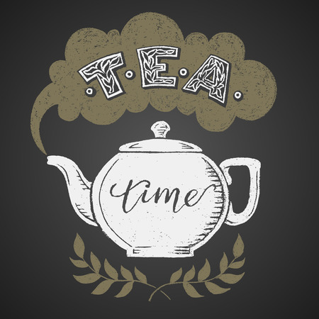 Teapot drawn on chalkboard with Tea lettering. Eps8. RGB. Global colorsのイラスト素材
