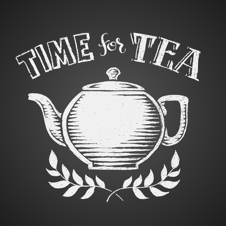 Teapot drawn on chalkboard with Time for Tea lettering. Eps8. RGB. Global colorsのイラスト素材
